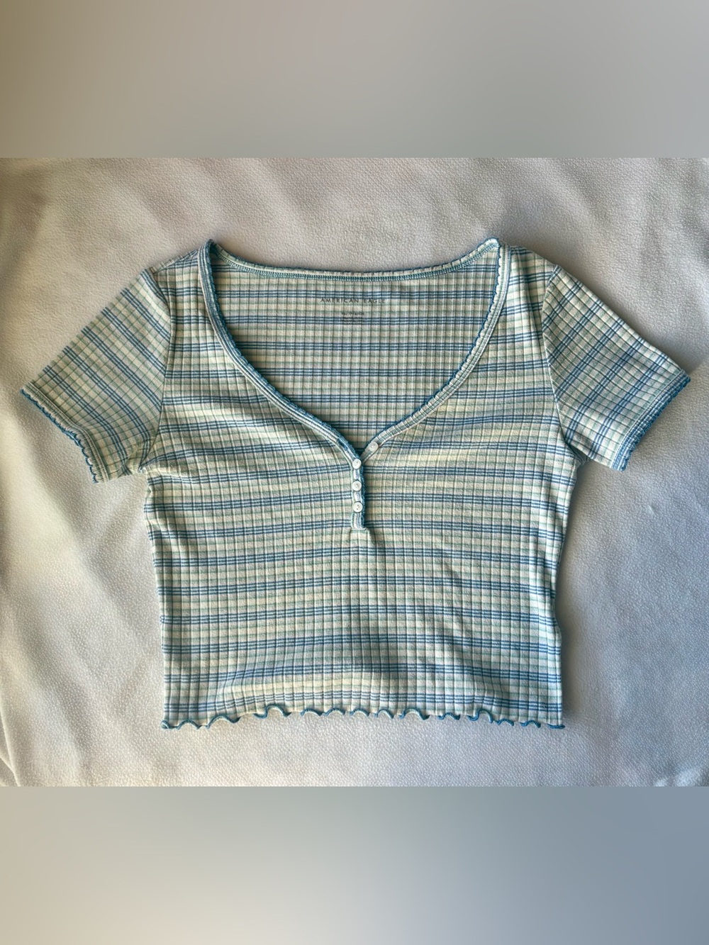 American Eagle Outfitters Blue & Cream Striped Ribbed Henley Crop Top